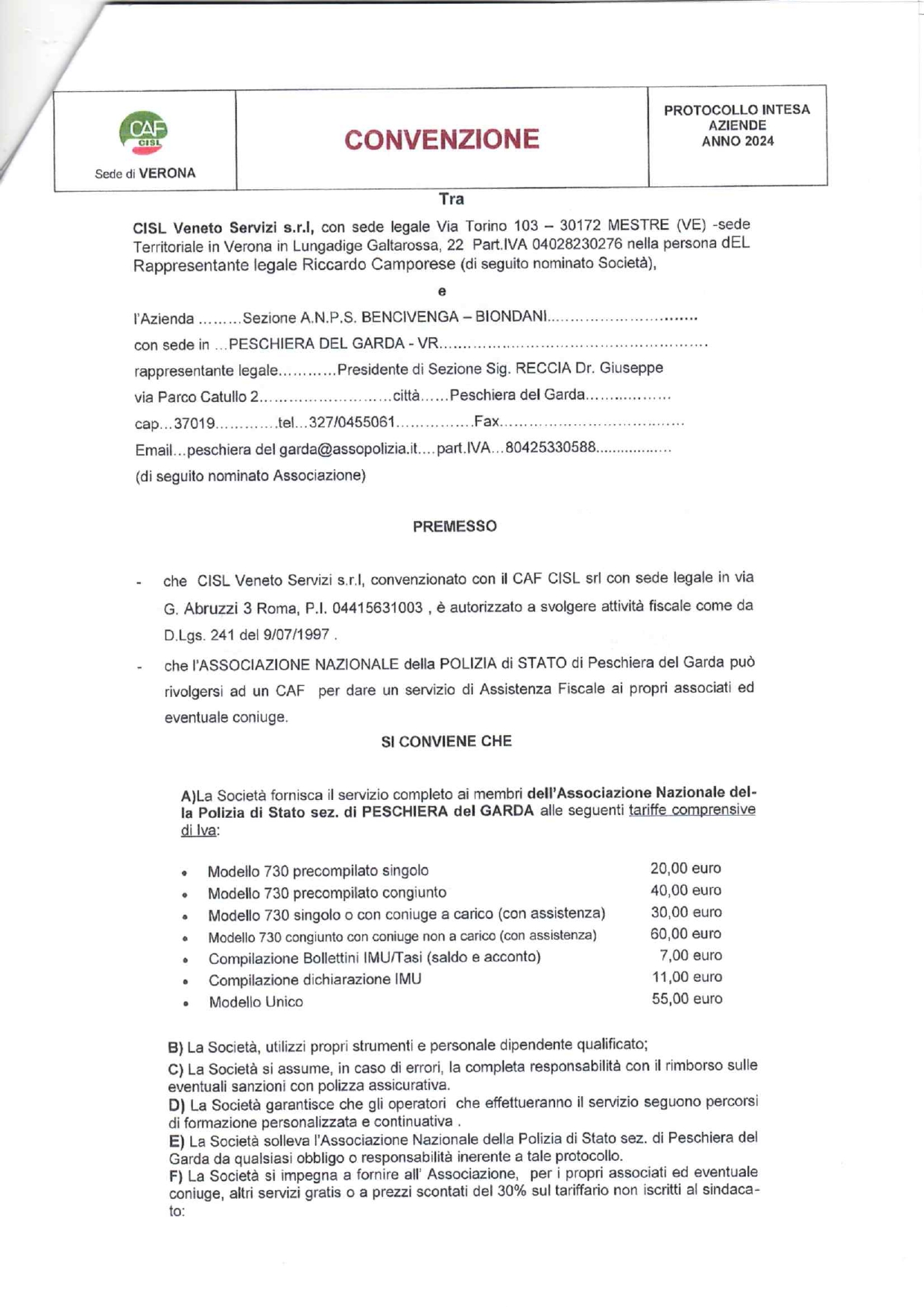 Convenzione con il Caf Cisl di Peschiera del Garda per i soci Anps ...