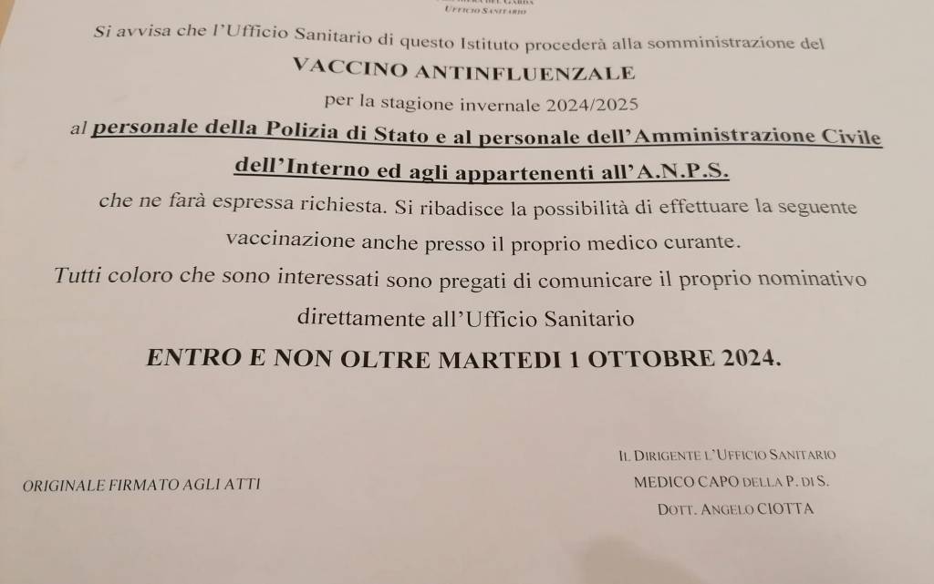 Antinfluenzale per il personale della Polizia di Stato, dell’Amministrazione Civile dell’Interno e agli appartenenti&nbsp;all’Anps