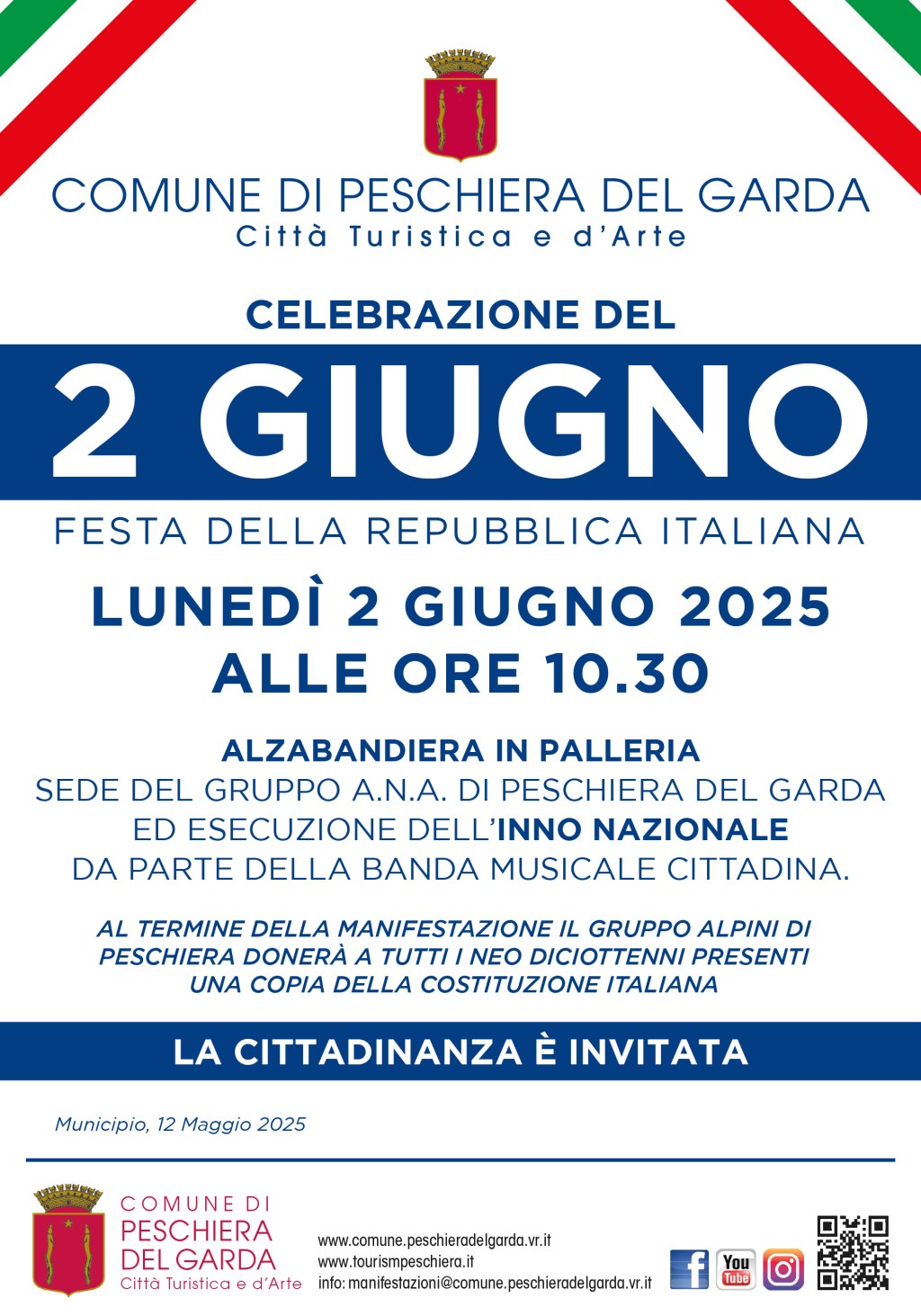 Celebrazioni del 2 giugno, Festa della Repubblica, a Peschiera. Appuntamento ore 10.15 alla Palleria austriaca, sede&nbsp;dell’ANA