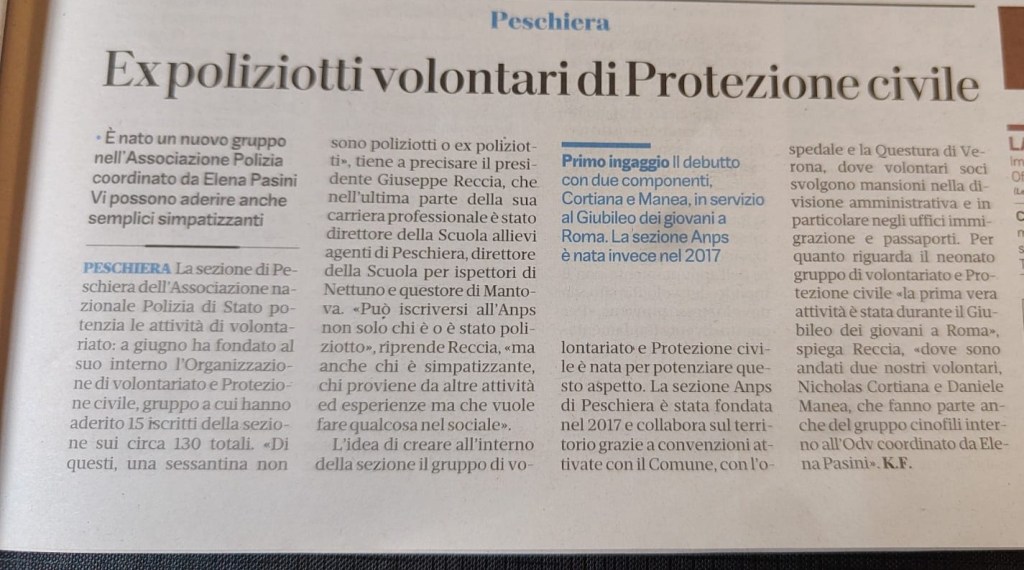 Il quotidiano L’Arena di oggi, 28 agosto, omaggia i volontari dell’Anps di&nbsp;Peschiera